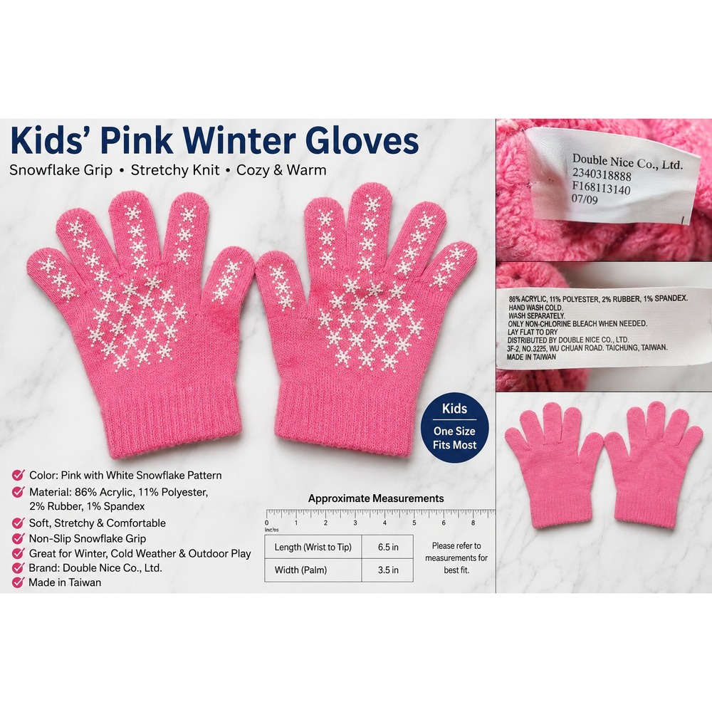 Double Nice Co Pink Snowflake Knit Gripper Gloves Winter Mittens 07/09 F16811340